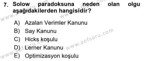 İktisadi Büyüme Dersi 2021 - 2022 Yılı (Final) Dönem Sonu Sınavı 7. Soru