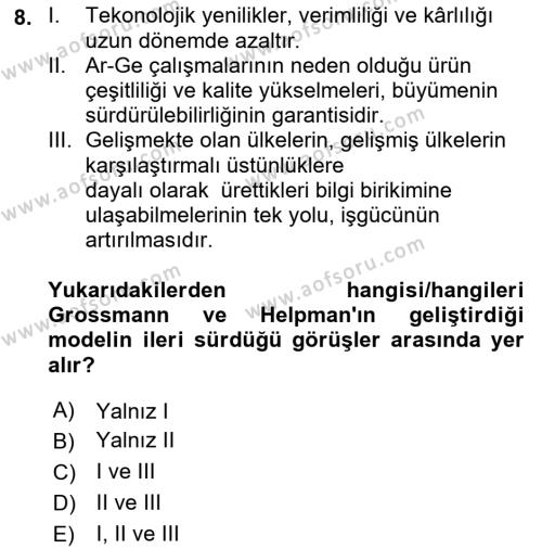 İktisadi Büyüme Dersi 2021 - 2022 Yılı (Final) Dönem Sonu Sınavı 8. Soru