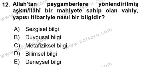 İslam İnanç Esasları Dersi 2020 - 2021 Yılı Yaz Okulu Sınavı 12. Soru