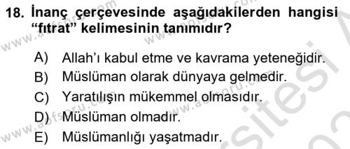 İslam İnanç Esasları Dersi 2020 - 2021 Yılı Yaz Okulu Sınavı 18. Soru