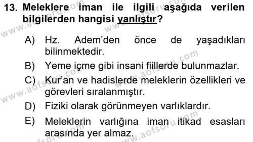 İslam İnanç Esasları Dersi 2022 - 2023 Yılı (Vize) Ara Sınavı 13. Soru