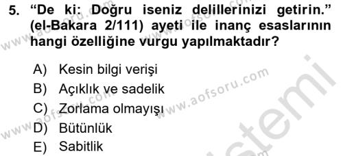 İslam İnanç Esasları Dersi 2022 - 2023 Yılı (Vize) Ara Sınavı 5. Soru