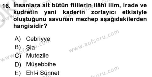 İslam İnanç Esasları Dersi 2022 - 2023 Yılı Yaz Okulu Sınavı 16. Soru