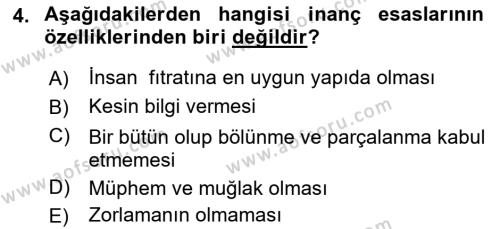 İslam İnanç Esasları Dersi 2022 - 2023 Yılı Yaz Okulu Sınavı 4. Soru