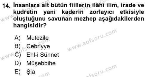 İslam İnanç Esasları Dersi 2023 - 2024 Yılı (Final) Dönem Sonu Sınavı 14. Soru