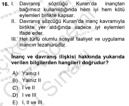 İslam İnanç Esasları Dersi 2023 - 2024 Yılı (Final) Dönem Sonu Sınavı 16. Soru