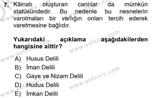 İslam İnanç Esasları Dersi 2023 - 2024 Yılı Yaz Okulu Sınavı 7. Soru