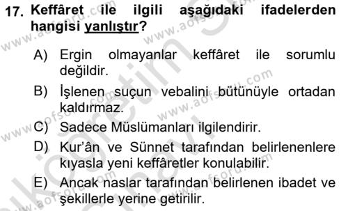 İslam İbadet Esasları Dersi 2018 - 2019 Yılı 3 Ders Sınavı 17. Soru