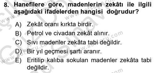 İslam İbadet Esasları Dersi 2019 - 2020 Yılı (Final) Dönem Sonu Sınavı 8. Soru