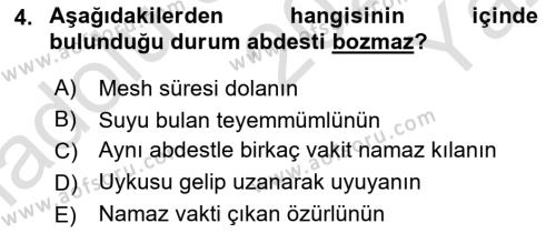 İslam İbadet Esasları Dersi 2020 - 2021 Yılı Yaz Okulu Sınavı 4. Soru