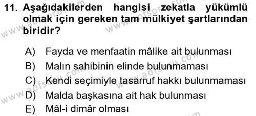 İslam İbadet Esasları Dersi 2021 - 2022 Yılı Yaz Okulu Sınavı 11. Soru