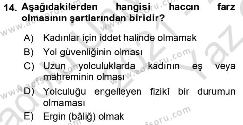 İslam İbadet Esasları Dersi 2021 - 2022 Yılı Yaz Okulu Sınavı 14. Soru