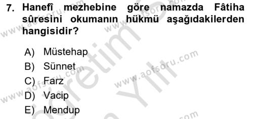 İslam İbadet Esasları Dersi 2021 - 2022 Yılı Yaz Okulu Sınavı 7. Soru