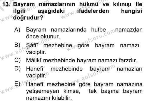 İslam İbadet Esasları Dersi 2022 - 2023 Yılı (Vize) Ara Sınavı 13. Soru