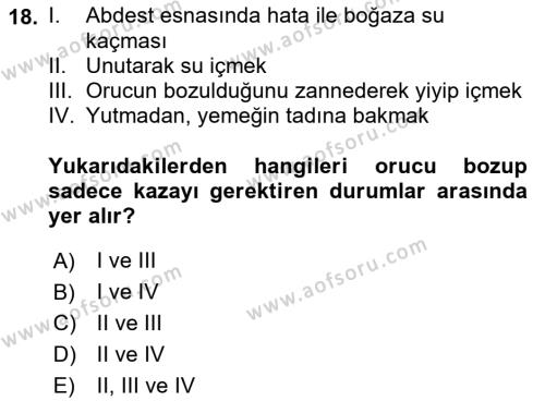 İslam İbadet Esasları Dersi 2022 - 2023 Yılı (Vize) Ara Sınavı 18. Soru