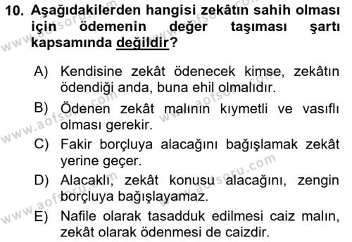 İslam İbadet Esasları Dersi 2022 - 2023 Yılı Yaz Okulu Sınavı 10. Soru