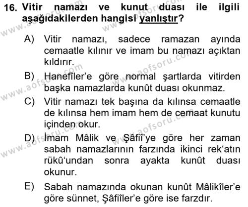 İslam İbadet Esasları Dersi 2023 - 2024 Yılı (Vize) Ara Sınavı 16. Soru