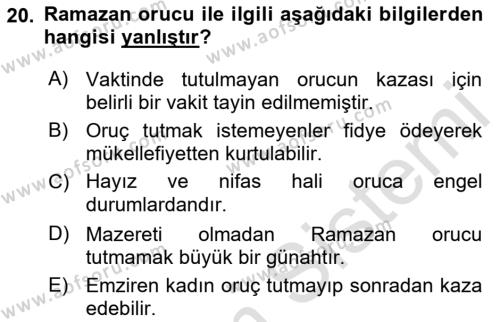 İslam İbadet Esasları Dersi 2023 - 2024 Yılı (Vize) Ara Sınavı 20. Soru