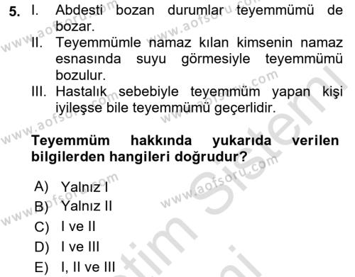 İslam İbadet Esasları Dersi 2023 - 2024 Yılı (Vize) Ara Sınavı 5. Soru