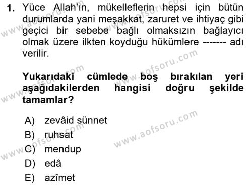 İslam İbadet Esasları Dersi 2023 - 2024 Yılı (Final) Dönem Sonu Sınavı 1. Soru