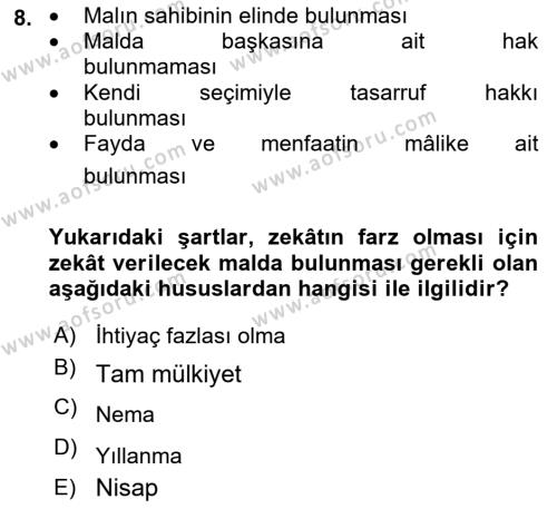 İslam İbadet Esasları Dersi 2023 - 2024 Yılı (Final) Dönem Sonu Sınavı 8. Soru