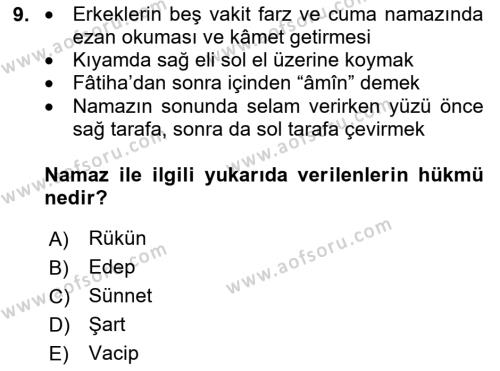 İslam İbadet Esasları Dersi 2024 - 2025 Yılı (Vize) Ara Sınavı 9. Soru