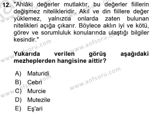 İslam Ahlak Esasları Dersi 2021 - 2022 Yılı (Vize) Ara Sınavı 12. Soru