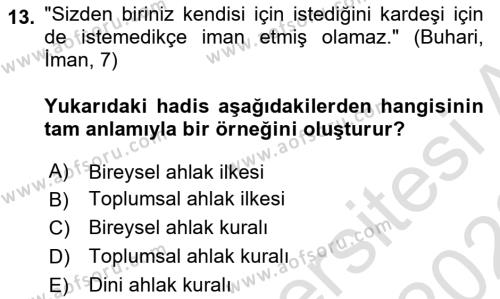 İslam Ahlak Esasları Dersi 2021 - 2022 Yılı Yaz Okulu Sınavı 13. Soru