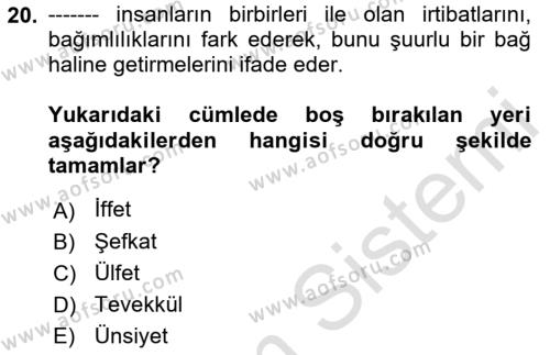 İslam Ahlak Esasları Dersi 2022 - 2023 Yılı (Vize) Ara Sınavı 20. Soru