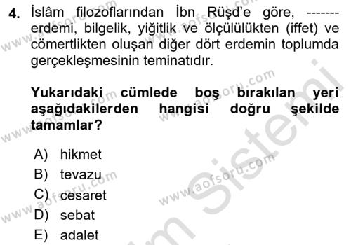 İslam Ahlak Esasları Dersi 2023 - 2024 Yılı (Final) Dönem Sonu Sınavı 4. Soru