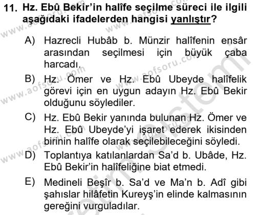 İlk Dönem İslam Tarihi Dersi 2018 - 2019 Yılı 3 Ders Sınavı 11. Soru