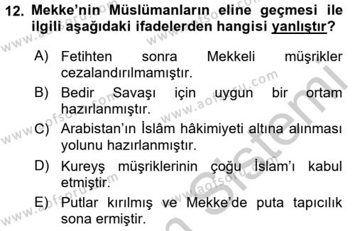 İlk Dönem İslam Tarihi Dersi 2018 - 2019 Yılı Yaz Okulu Sınavı 12. Soru