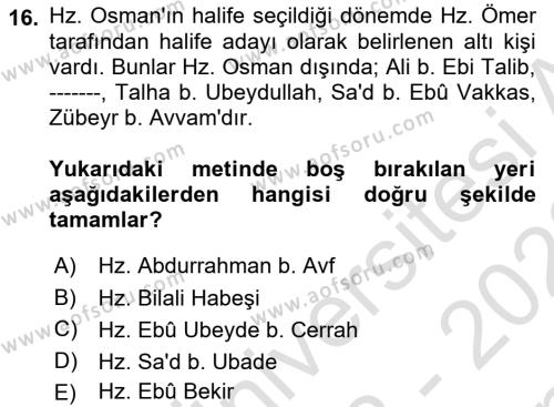 İlk Dönem İslam Tarihi Dersi 2022 - 2023 Yılı (Final) Dönem Sonu Sınavı 16. Soru