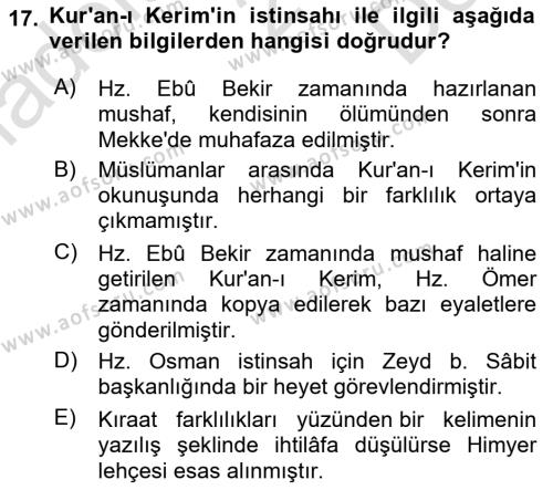 İlk Dönem İslam Tarihi Dersi 2022 - 2023 Yılı (Final) Dönem Sonu Sınavı 17. Soru