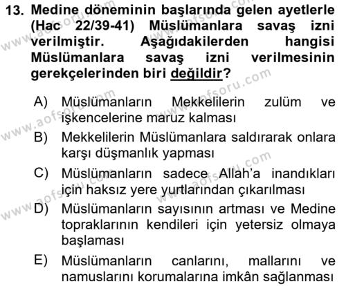 İlk Dönem İslam Tarihi Dersi 2023 - 2024 Yılı (Vize) Ara Sınavı 13. Soru