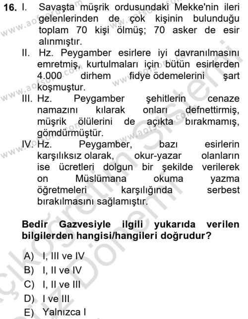 İlk Dönem İslam Tarihi Dersi 2023 - 2024 Yılı (Vize) Ara Sınavı 16. Soru