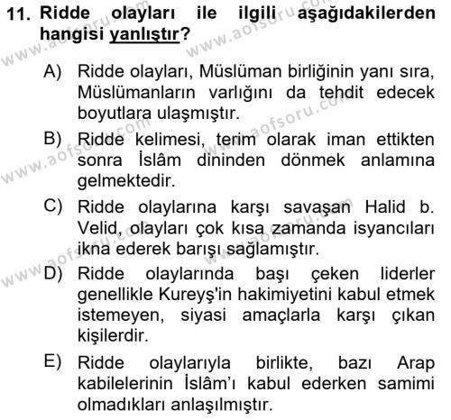 İlk Dönem İslam Tarihi Dersi 2023 - 2024 Yılı (Final) Dönem Sonu Sınavı 11. Soru