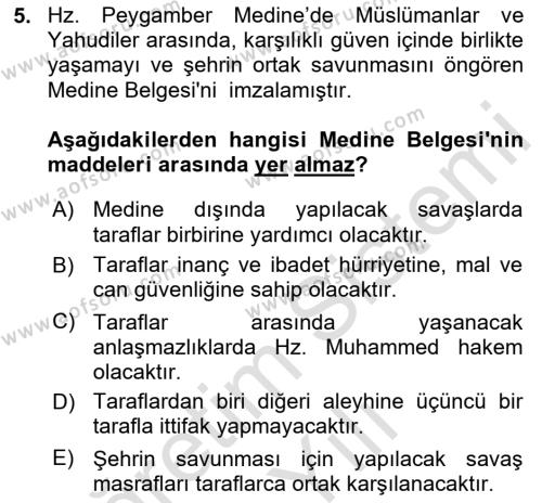 İlk Dönem İslam Tarihi Dersi 2023 - 2024 Yılı Yaz Okulu Sınavı 5. Soru