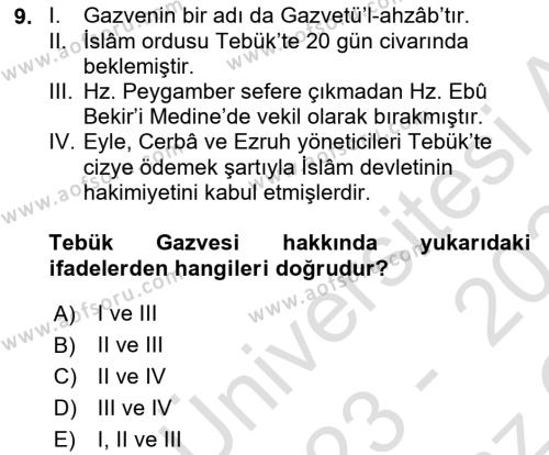 İlk Dönem İslam Tarihi Dersi 2023 - 2024 Yılı Yaz Okulu Sınavı 9. Soru