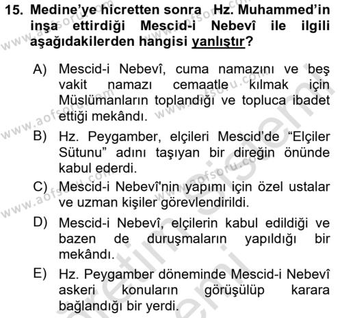 İlk Dönem İslam Tarihi Dersi 2024 - 2025 Yılı (Vize) Ara Sınavı 15. Soru