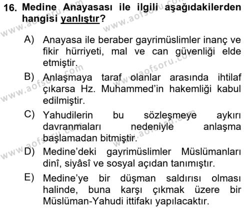 İlk Dönem İslam Tarihi Dersi 2024 - 2025 Yılı (Vize) Ara Sınavı 16. Soru