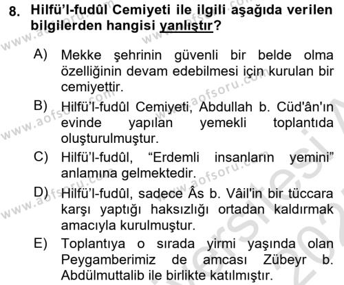 İlk Dönem İslam Tarihi Dersi 2024 - 2025 Yılı (Vize) Ara Sınavı 8. Soru