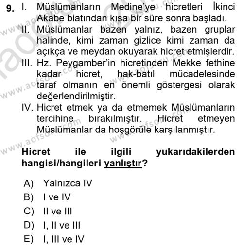 İlk Dönem İslam Tarihi Dersi 2024 - 2025 Yılı (Vize) Ara Sınavı 9. Soru