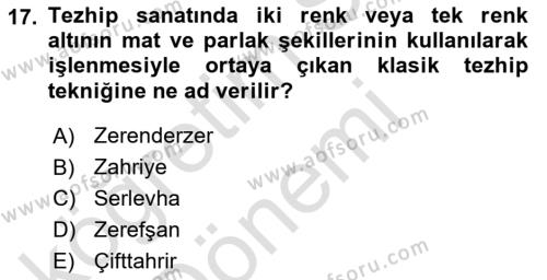 İslam Sanatları Tarihi Dersi 2021 - 2022 Yılı (Vize) Ara Sınavı 17. Soru