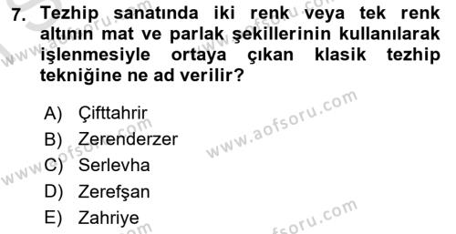 İslam Sanatları Tarihi Dersi 2022 - 2023 Yılı (Final) Dönem Sonu Sınavı 7. Soru