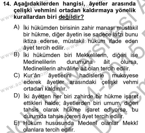 Tefsir Tarihi ve Usulü Dersi 2014 - 2015 Yılı (Final) Dönem Sonu Sınavı 14. Soru