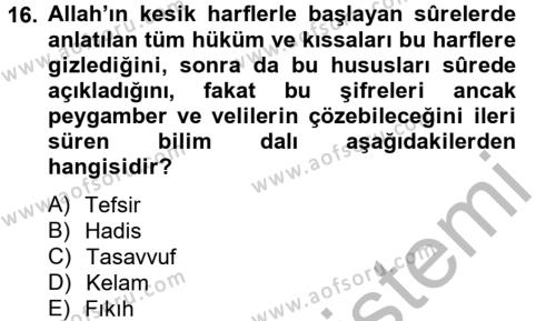 Tefsir Tarihi ve Usulü Dersi 2014 - 2015 Yılı (Final) Dönem Sonu Sınavı 16. Soru