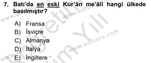 Tefsir Tarihi ve Usulü Dersi 2020 - 2021 Yılı Yaz Okulu Sınavı 7. Soru