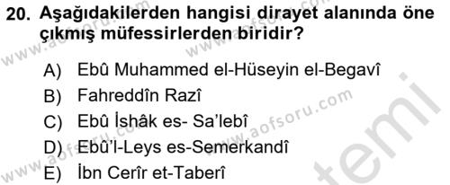 Tefsir Tarihi ve Usulü Dersi 2021 - 2022 Yılı (Vize) Ara Sınavı 20. Soru