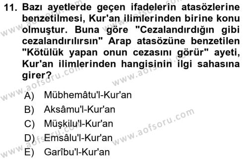 Tefsir Tarihi ve Usulü Dersi 2021 - 2022 Yılı (Final) Dönem Sonu Sınavı 11. Soru